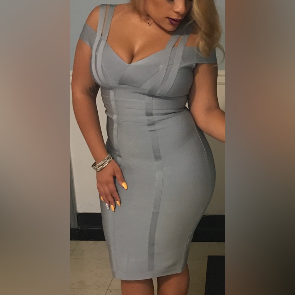 Elegant Gray/Baby Blue Off-Shoulder Dress